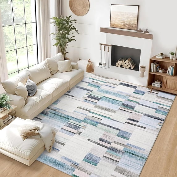 Memoryfield Washable 5' x 7' Area Rug, Foldable Geometric Printed Carpet, Soft Low Pile Abstract Floor Mats, Non Shedding Floor Covering for Bedroom Living Room, Blue
