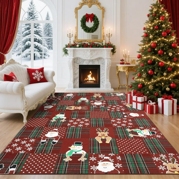 Washable 5' x 7' Area Rug Low Pile Throw Christmas Rug, Modern Xmas Stain-Resistant Non Slip Carpet for Living Room, Bedroom, Red