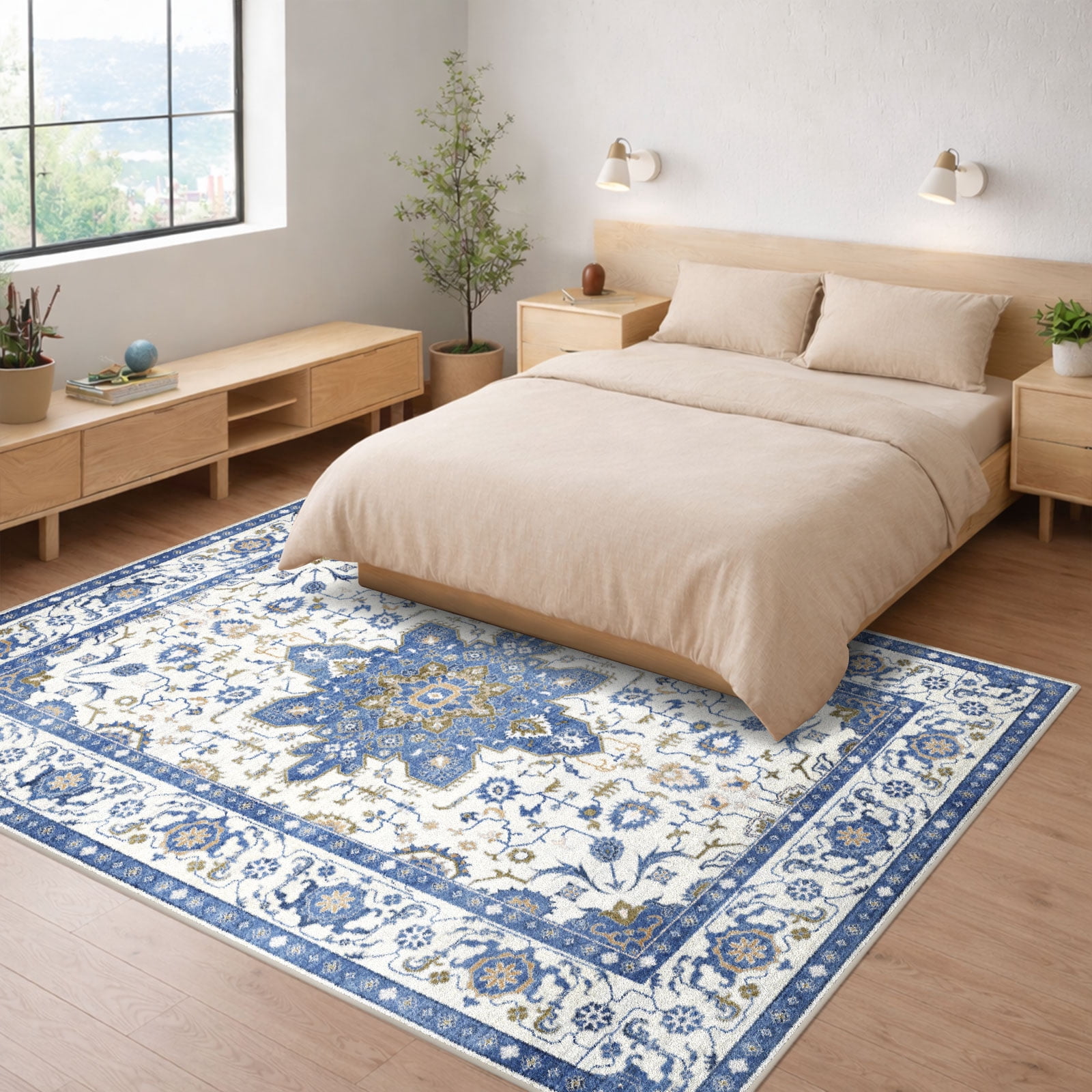 5'x7' Washable Area Rugs for Living Room, Socomw Moroccan Palace Flowers Indoor Rug, Non-Slip Soft Low Pile Carpet for Bedroom, Office, Dining Room