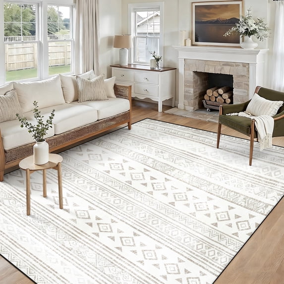 5x7 Washable Area Rug Non-Slip Low Profile Soft Boho Distressed Rug for Living Room, Bedroom, Dining Room, Office, Beige