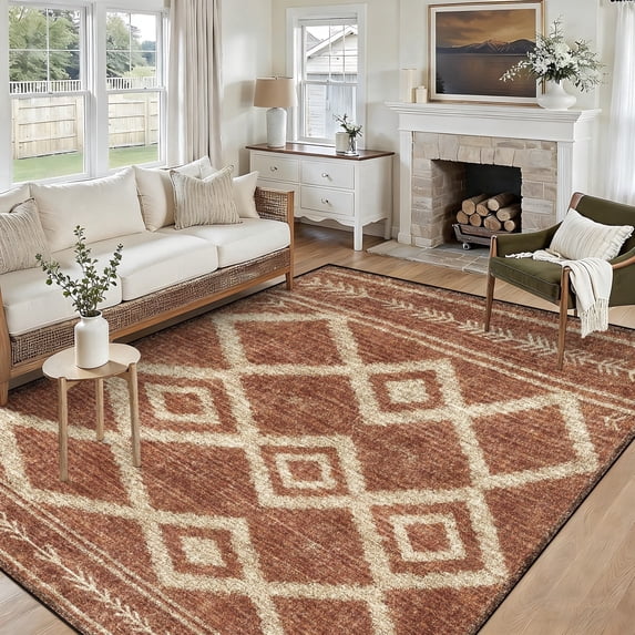 5x7 Washable Area Rug Non-Slip Low Profile Soft Boho Distressed Rug for Living Room, Bedroom, Dining Room, Office, Brown