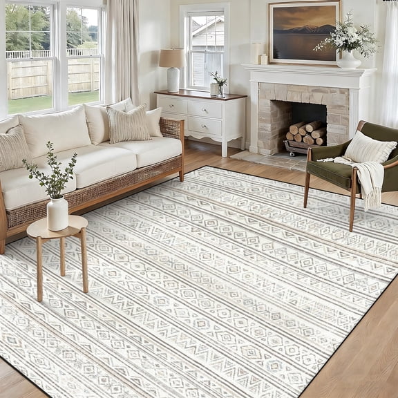 5x7 Washable Area Rug Non-Slip Low Profile Soft Boho Distressed Rug for Living Room, Bedroom, Dining Room, Office, Beige