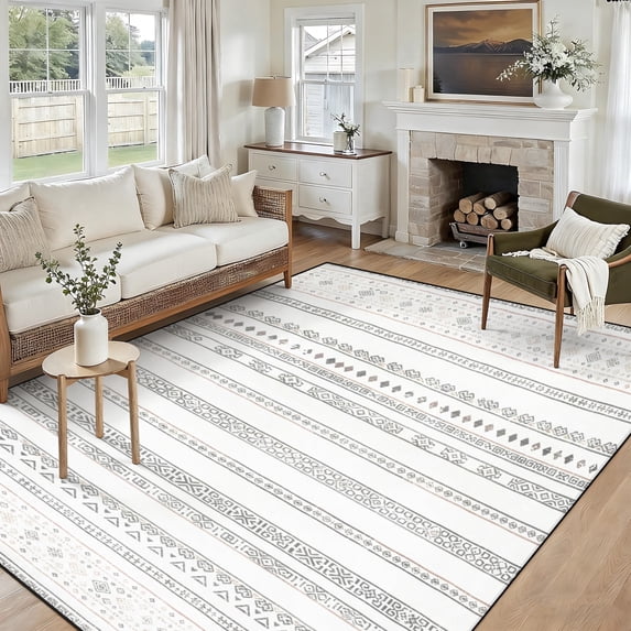 5x7 Washable Area Rug Non-Slip Low Profile Soft Boho Distressed Rug for Living Room, Bedroom, Dining Room, Office, Beige