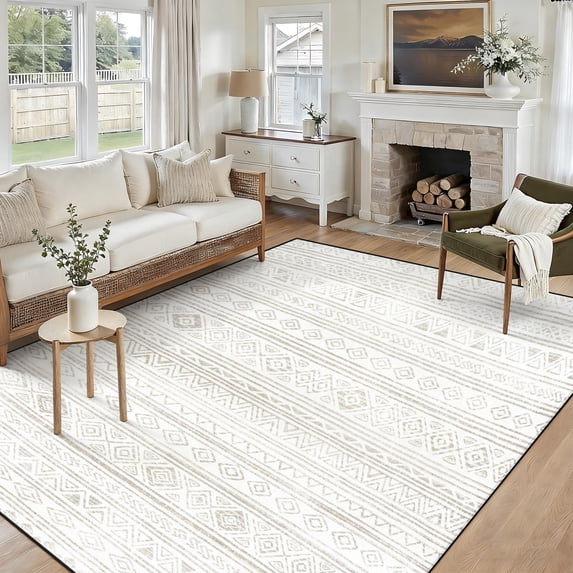 5x7 Washable Area Rug Non-Slip Low Profile Soft Boho Distressed Rug for Living Room, Bedroom, Dining Room, Office, Beige
