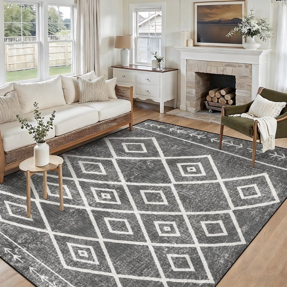 Washable 5x7 Area Rug, Boho Geometric Neutral Rug, Non Slip Soft Low Profile Indoor Rug, Light Distressed Floor Rug for Living Room, Bedroom, Dining Room & Office