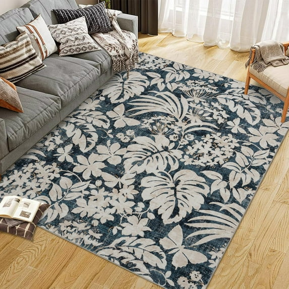 Washable 5x7 Area Rugs for Living Room Non-Slip Soft Modern Botanical Floral Rugs Accent Floor Carpet for Bedroom Dining Room Blue