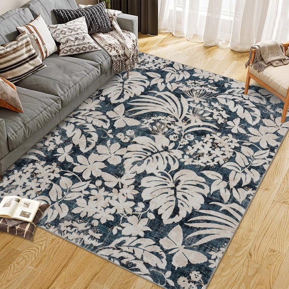 Washable 5x7 Area Rugs for Living Room Non-Slip Soft Modern Botanical Floral Rugs Accent Floor Carpet for Bedroom Dining Room Blue