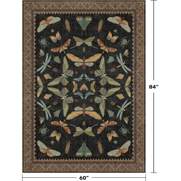Washable 5x7 Black Rug for Living Room - Foyer Rugs for Entryway, Bedroom, Home Office, Gothic Witchy Insect Bug Floral Retro Indoor Décor