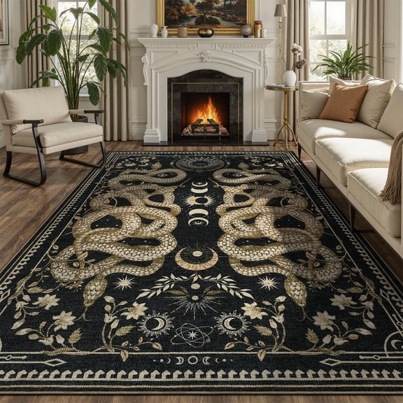 Washable 5x7 Snake Area Rug Black and Beige Gothic Design Soft Low Pile Non Slip Rubber Back Stain Resistant
