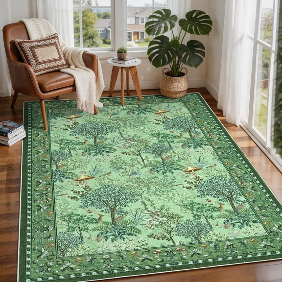 Washable 5x7 Vintage Floral Rug for Living Room Non Slip Kitchen Floor Carpet Low Pile Non Shedding Retro Distressed Indoor Accent Carpet for Nursery Porch Office, Green
