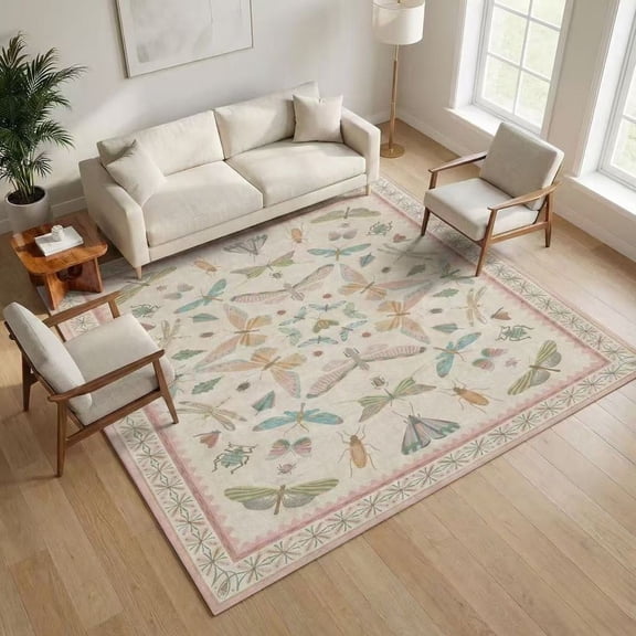 Washable 5x7FT Light Pink Rug - Boho Girl Nursery Rug with Nature Insect Print for Bedroom Living Room Home Decor 82.68"×59.06"×0.40"
