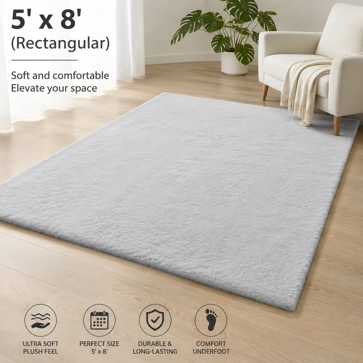 Washable Area Rug 5x8 Silver Grey Faux Rabbit Fur Sheepskin Rug for ...