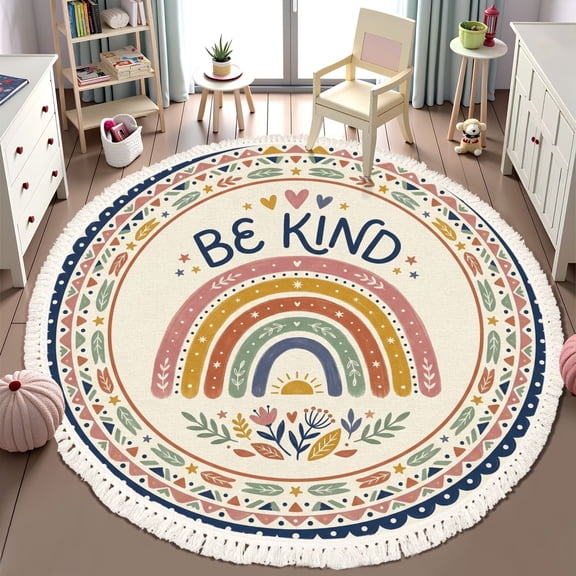 Washable 6ft Round Rug, Colorful Hand Drawn Rainbow Be Kind Message Floral Details Area Rugs with Tassels Boho Kids Rug Non-Slip Soft Bedroom Carpet for Classroom Teepee Princess Castle