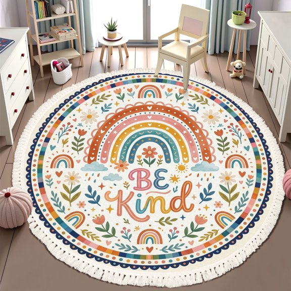 Washable 6ft Round Rug, Colorful Mandala Rainbow Flowers Be Kind Text Area Rugs with Tassels Boho Kids Rug Non-Slip Soft Bedroom Carpet for Classroom Teepee Princess Castle