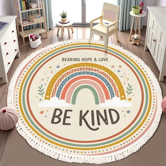 Washable 6ft Round Rug, Colorful Rainbow Inspirational Message Be Kind Area Rugs with Tassels Boho Kids Rug Non-Slip Soft Bedroom Carpet for Classroom Teepee Princess Castle