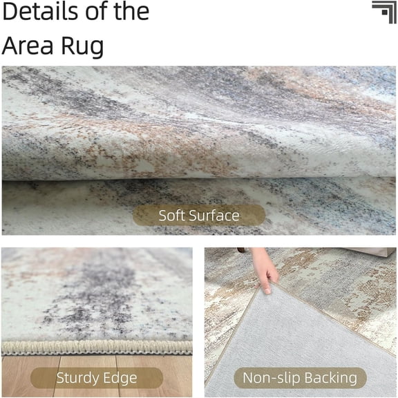 Washable 6x9 Area Rug - 6x9 Rugs for Living Room, Boho Vintage Low Pile Faux Wool Carpet, Soft, , Foldable Non-Slip Indoor Rugs for Bedroom, Dorm, Coffee Table, Home Office Decor