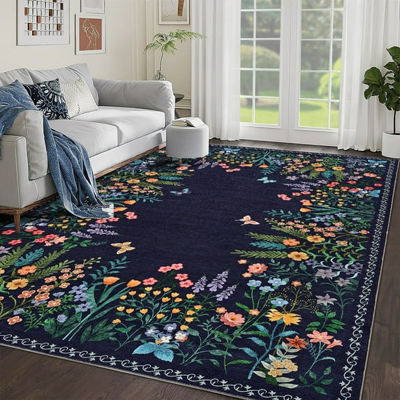 Washable 6x9 Area Rugs, Large Living Room Rug, Non-Slip Soft Floral Rugs for Bedroom, Botanical Area Rug Carpet for Dining Room Guest Room (Blue,6'x9')