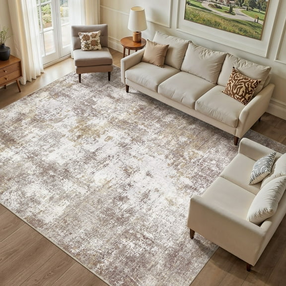 Uermei 8x10 Washable Area Rug: Modern Abstract Soft Non-Slip Indoor Rugs Home Decor - Low Pile Stain Resistant Foldable Carpet for Living Room Bedroom Dining Room Playroom Office - Golden Brown