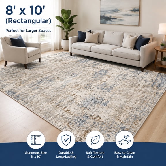 Washable 8x10 Area Rug – Modern Neutral Abstract Soft Non-Slip Stain-Resistant Low Pile Thin Carpet for Living Room Bedroom Dining Room Home Office (Blue Brown)