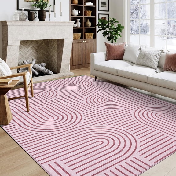 Washable 8x10 Area Rug Modern RainBow Wave Lines Pink Rugs for Bedroom Girls Boho Geometric Accent Rug Low Pile Soft Nursery Playroom Mat Stain Resistant Foldable Carpet for Classroom, Pink