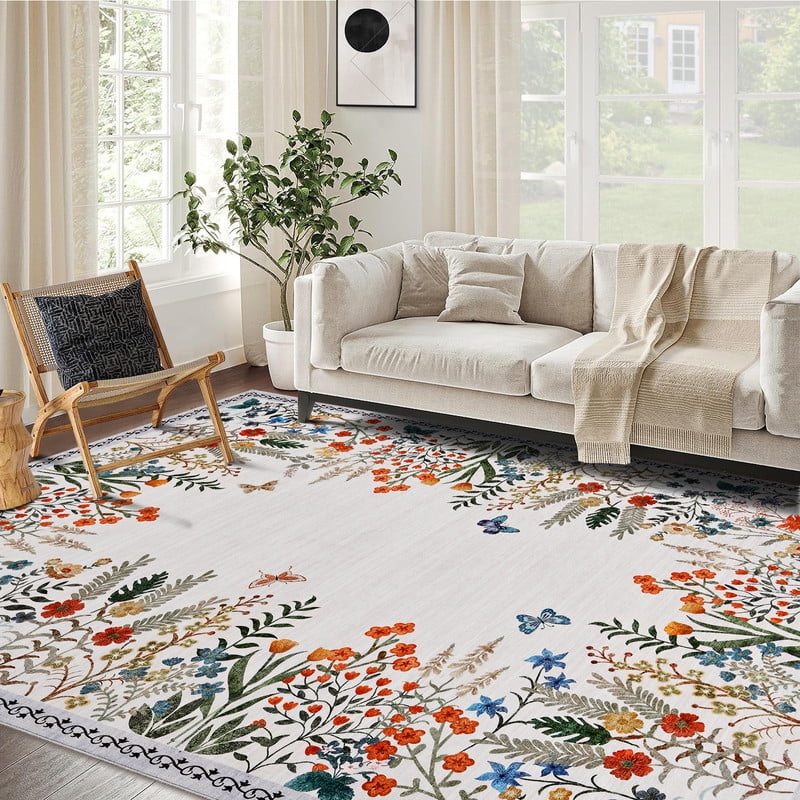Washable 8x10 Area Rugs, Large Living Room Rug, Non-Slip Soft Floral Rugs for Bedroom, Botanical Area Rug Carpet for Dining Room Guest Room (Beige,8'x10')