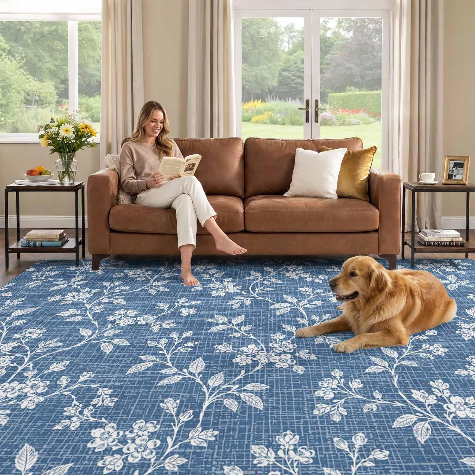 Washable 8x10 Area Rugs for Living Room, Steel Blue Floral Non-Slip ...