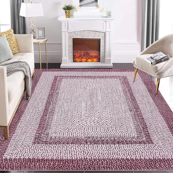 Washable 8x10 Area Rugs Modern Livingroom Rug Pink Ombre Braided Extra Large Rug Geometric Rug Soft Non Slip Rug Non-Shedding Carpet Accent Rug Living Room Rugs for Bedroom Dining Room Nursery
