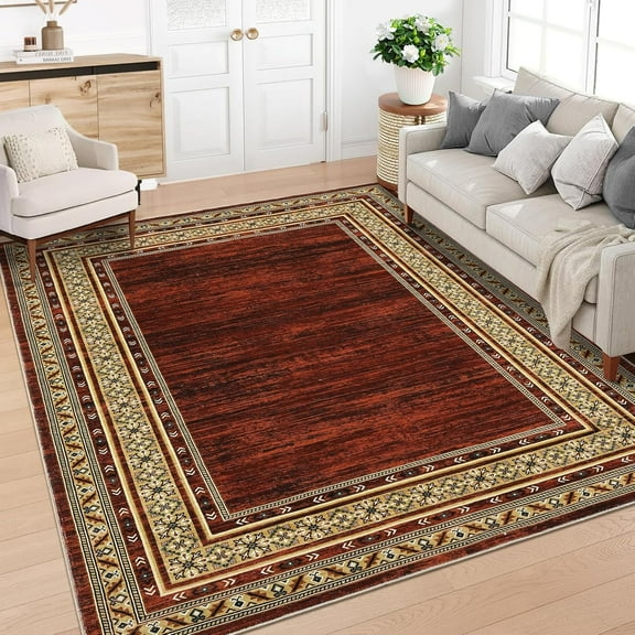Washable 8x10 Area Rugs, Modern Soft Thin Rugs for Living Room Bedroom,Geometric Non Slip Accent Large Carpet, Low Pile Non Shedding Bordered Floor Cover for Dining Room Office Nursery, Red