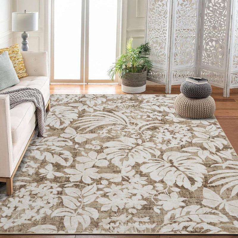 Washable 8x10 Area Rugs for Living Room Non-Slip Soft Modern Botanical Floral Rugs Accent Floor Carpet for Bedroom Dining Room Brown