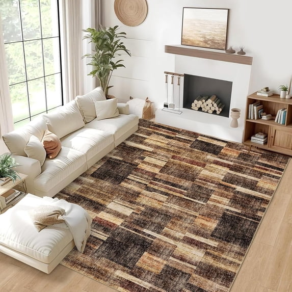 Memoryfield Washable 9' x 12' Area Rug, Foldable Geometric Printed Carpet, Soft Low Pile Abstract Floor Mats, Non Shedding Floor Covering for Bedroom Living Room, Brown