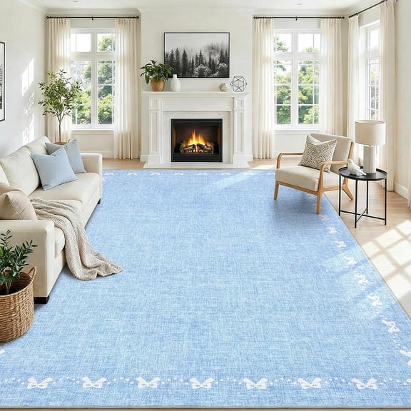 Washable 9x12 Area Rug for Living Room Bow Solid Blue Rug Non Slip Soft Bedroom Rugs Low Pile Foldable Large Area Rug Stain Resistant Carpet for Nursery Dining Room Classroom, Blue
