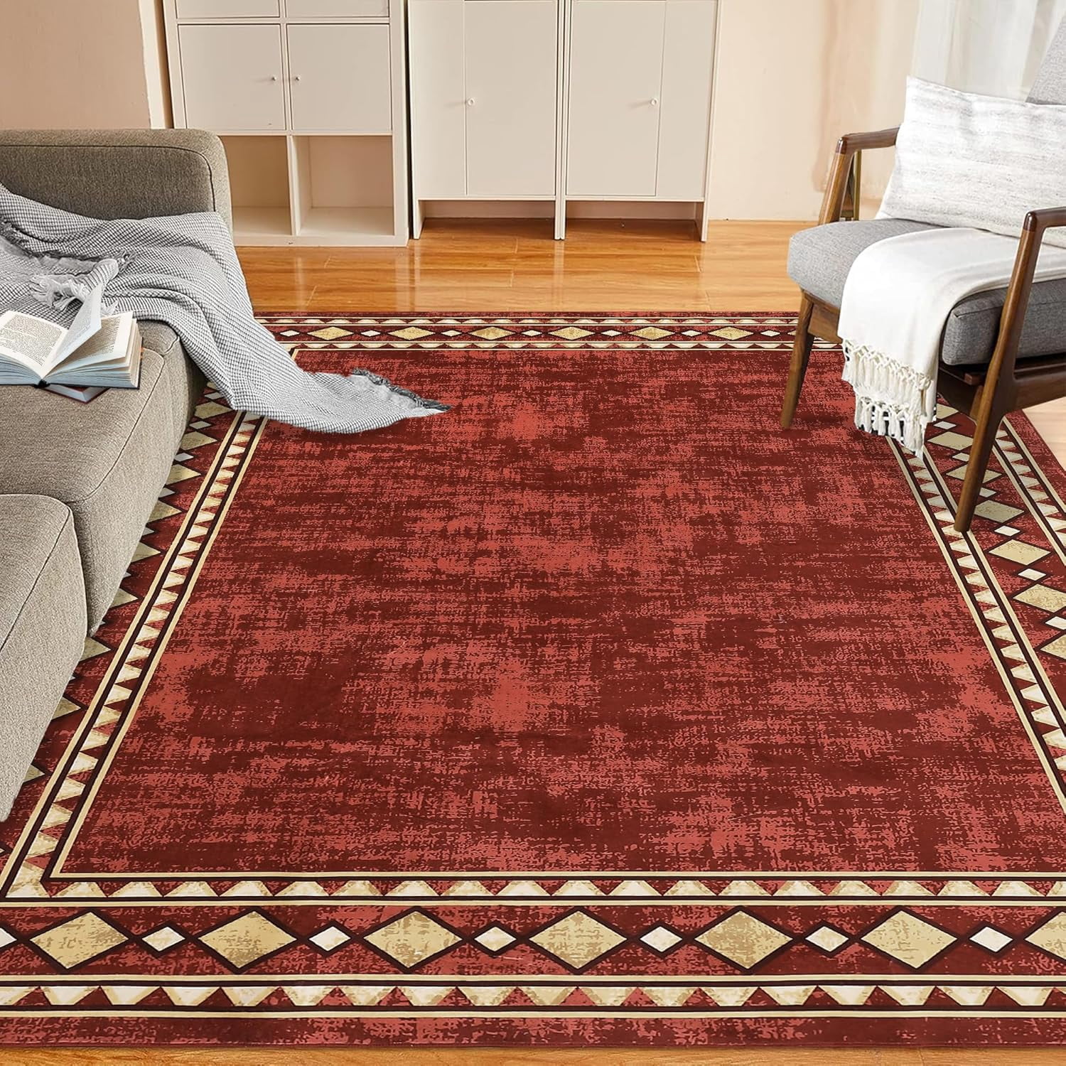 Washable 9x12 Area Rug for Living Room Vintage Rugs for Bedroom Red Rug Bordered Soft Large Area Rug Non Slip Throw Rugs Low Pile Stain Resistant Carpet for Nursery Dining Room 9'x12' Red