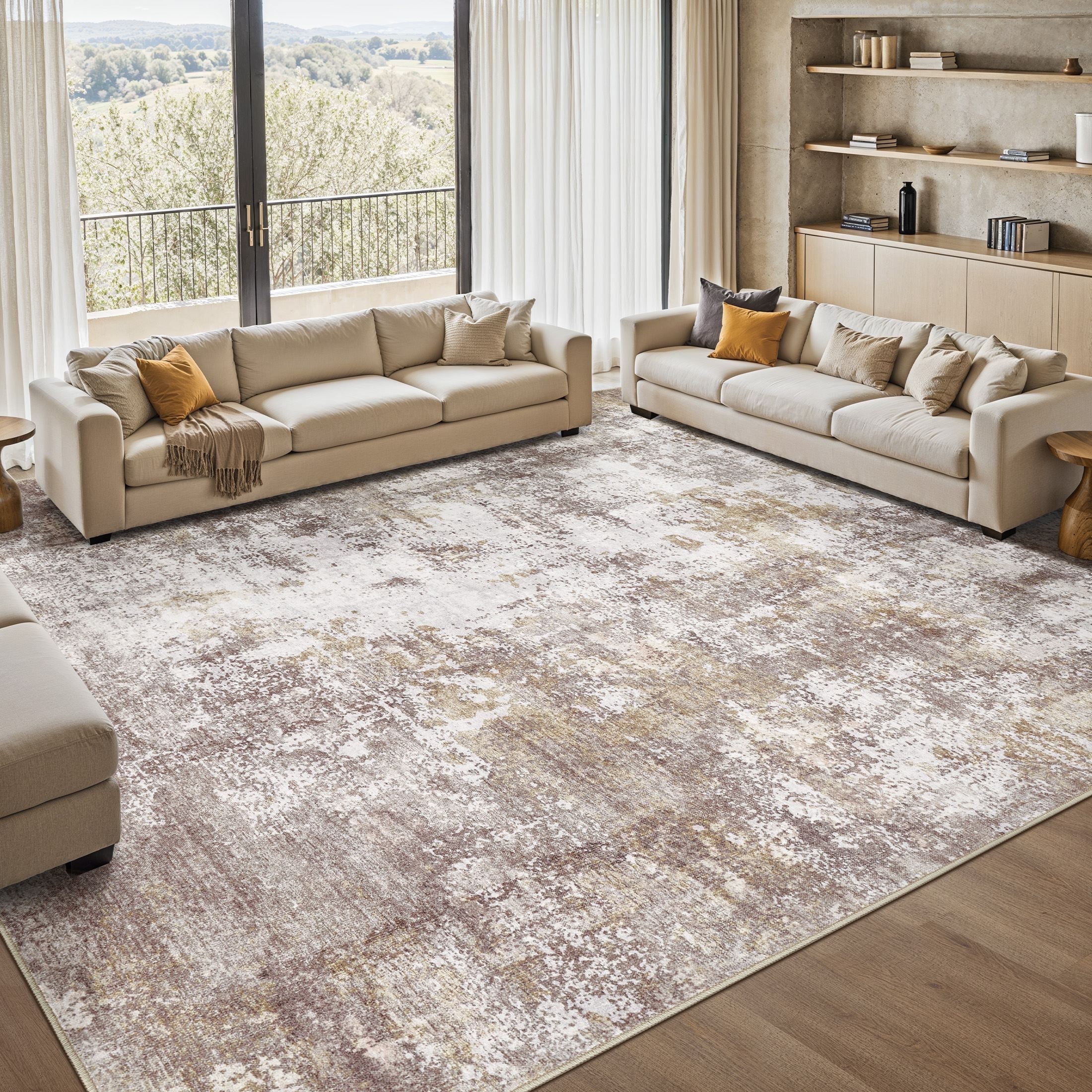 9x12 Washable Area Rug: Modern Abstract Soft Non-Slip Indoor Large Rugs - Low Pile Stain Resistant Foldable Carpet for Living Room Bedroom Dining Room Office Home Decor - Golden Brown at Walmart