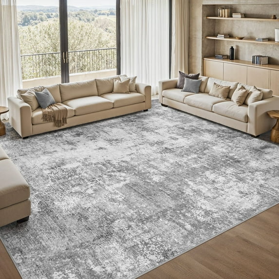 Uermei 9x12 Washable Area Rug: Modern Abstract Soft Non-Slip Indoor Large Rugs - Low Pile Stain Resistant Foldable Carpet for Living Room Bedroom Dining Room Office Home Decor - Gray