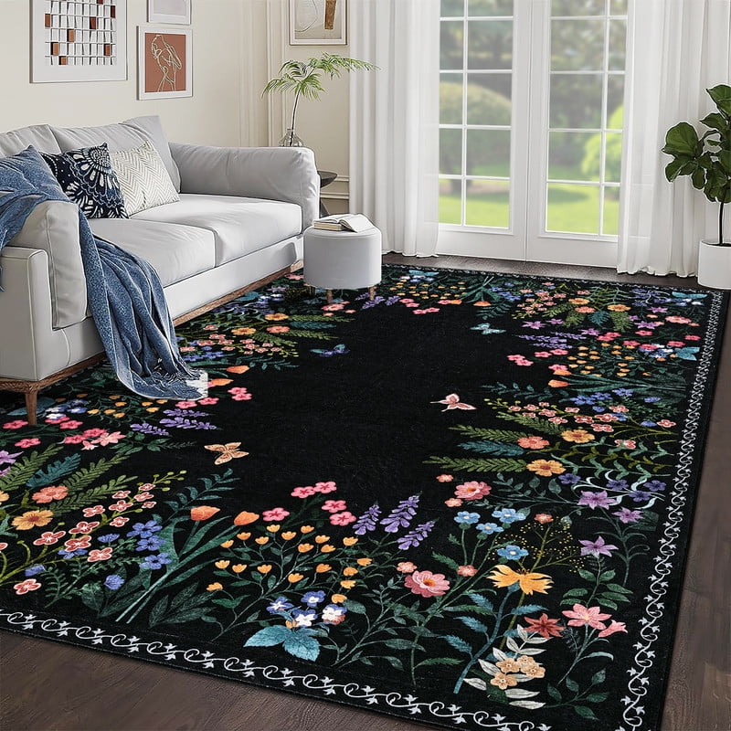 Washable 9x12 Area Rugs, Large Living Room Rug, Non-Slip Soft Floral Rugs for Bedroom, Botanical Area Rug Carpet for Dining Room Guest Room (Black,9'x12')
