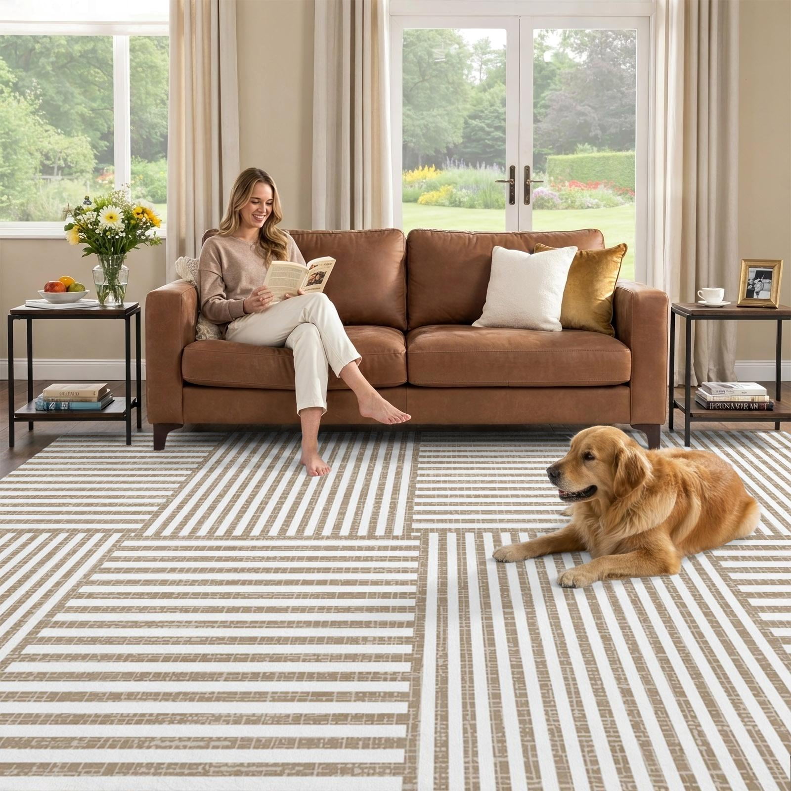 Washable 9x12 Rugs for Living Room, Khaki White Plaid Striped Non-Slip ...
