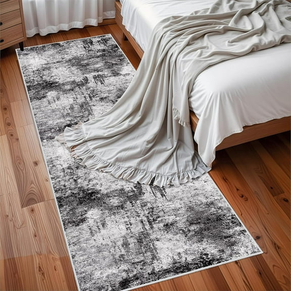 Washable Abstract 3x8 Runner Rug: Living Room Entryway Runner Rug indoor Non Slip Rubber Backing Vintage Large Soft Home Decor Mats for Bedroom Distressed Ultra Thin low pile Carpets 3x8 BlackA