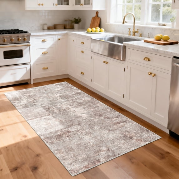 3'x5' Machine Washable Brown Area Rug, Non Slip Rubber Backing Distressed Carpet, Stain Resistant Indoor Floor Mat for Living Room, Entryway, Kitchen