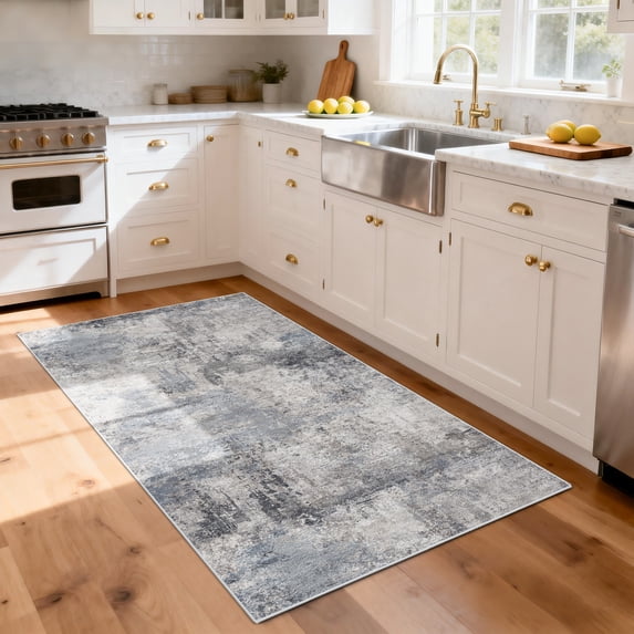 Washable Abstract Area Rug 3x5 - Rugs for Living Room Large Non Slip Indoor Entryway Rubber Backing Carpet Bedroom Kitchen Distressed Stain Resistant Floor Decor Mat Machine Washable 3x5 Blue