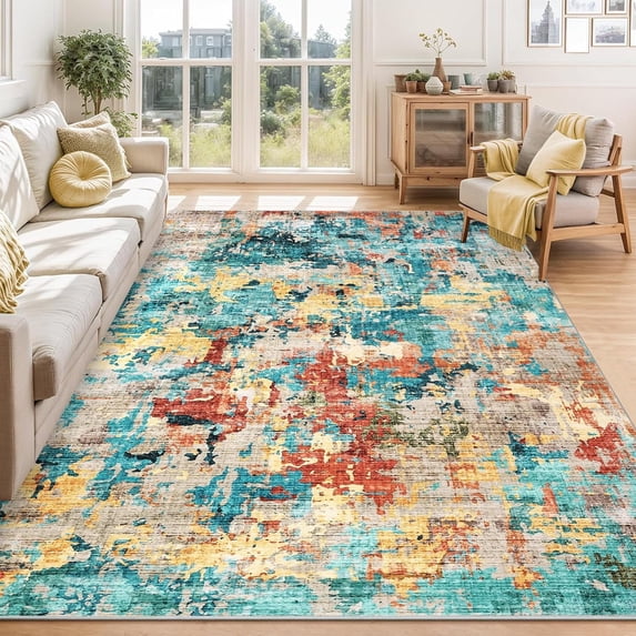 Washable Abstract Area Rug, 6' x 9' Boho Living Room Bedroom Rug Modern Non-Slip Non-Shedding Low Pile Throw Rug for Dining Room Home, Blue