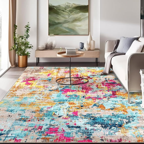 Washable Abstract Area Rug, 6' x 9' Boho Living Room Bedroom Rug Modern Non-Slip Non-Shedding Low Pile Throw Rug for Dining Room Home, Milticolor