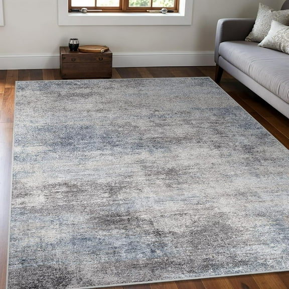 Washable Abstract Area Rug: Low Pile And Non-Slip Rubber Backing Modern Large Soft Stain-Resistant Carpet For Living Room Bedroom Dining Room Kitchen And Home Office Blue Grey 4x5ft