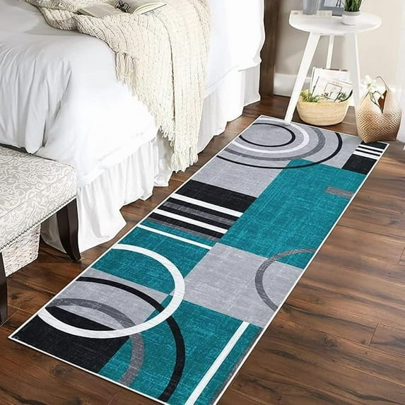Washable Abstract Circles Area Rug 2x8 - Non Slip Floor Carpet, Contemporary Soft Low Pile Accent for Indoor Living Dining Room, Turquoise