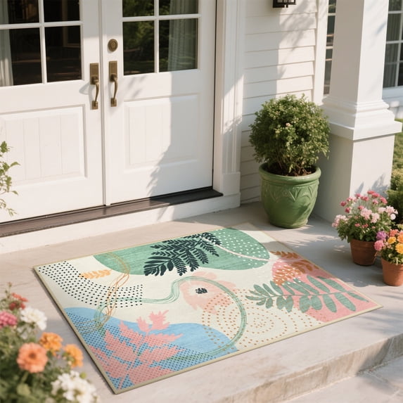 Washable Abstract Entryway Rug, 2'x3' Small Indoor Door Mat for Home & Patio,Green
