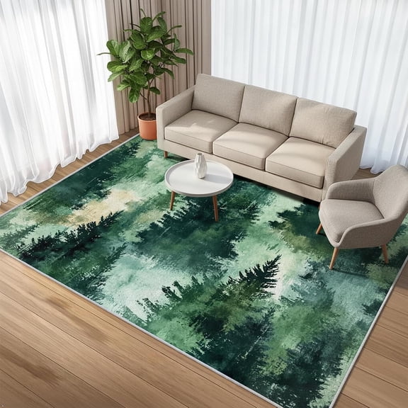 Washable Abstract Forest Rug, Green Pine Tree Area Rugs for Bedroom Living Room Art Landscape Pattern Design Carpet Home Decor, Non Slip-5' x 8'