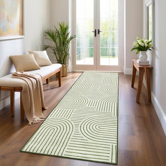 Washable Abstract Rug Runners 2x6 Non Slip Non Shedding Green Bathroom Rug Low Pile Soft Bedside Rug Modern Rainbow Runner Rug for Hallway Porch Laundry Room Dining Table Under, Green