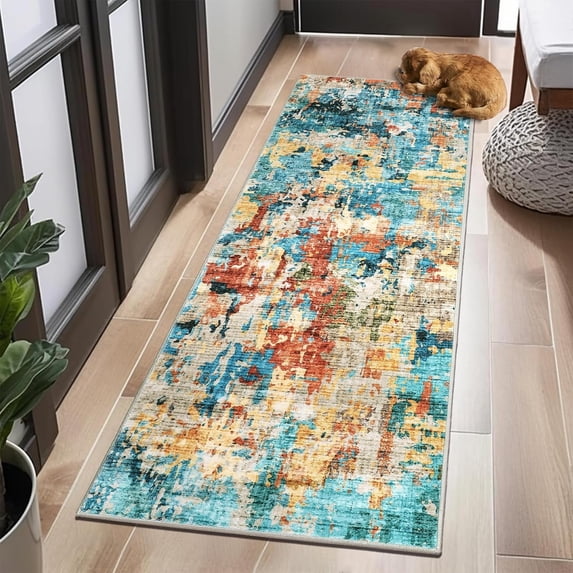 Memoryfield Washable Abstract Runner Rug, 2' x 6' Boho Living Room Bedroom Rug Modern Non-Slip Non-Shedding Low Pile Throw Rug for Dining Room Home, Blue