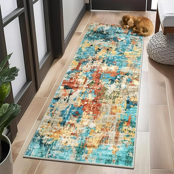 Washable Abstract Runner Rug, 2' x 6' Boho Living Room Bedroom Rug Modern Non-Slip Non-Shedding Low Pile Throw Rug for Dining Room Home, Blue