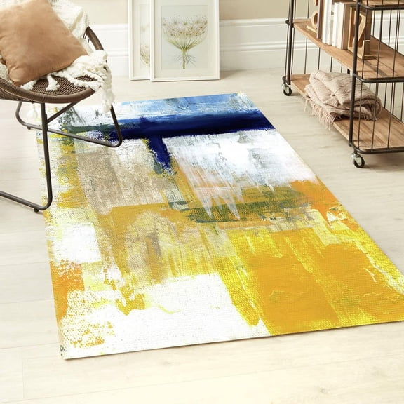 Washable Aesthetic Area Rug 2x3ft Vibrant Yellow Blue Modern Abstract Rug for Living Room Bedroom Diningroom Contemporary Art Deco Home Office Floor Rug Runner