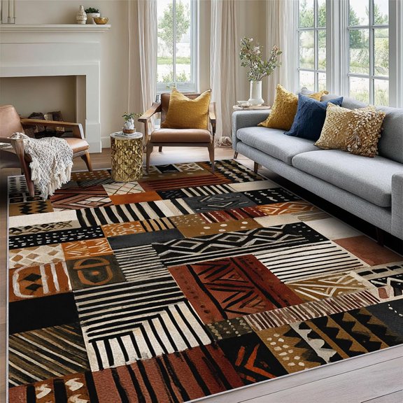 Washable African Rug, Boho Tribal Area Rugs for Bedroom Living Room ,Afro Ethnic Geometric Pattern Design Carpet Home Decor, Non Slip-3' x 5'
